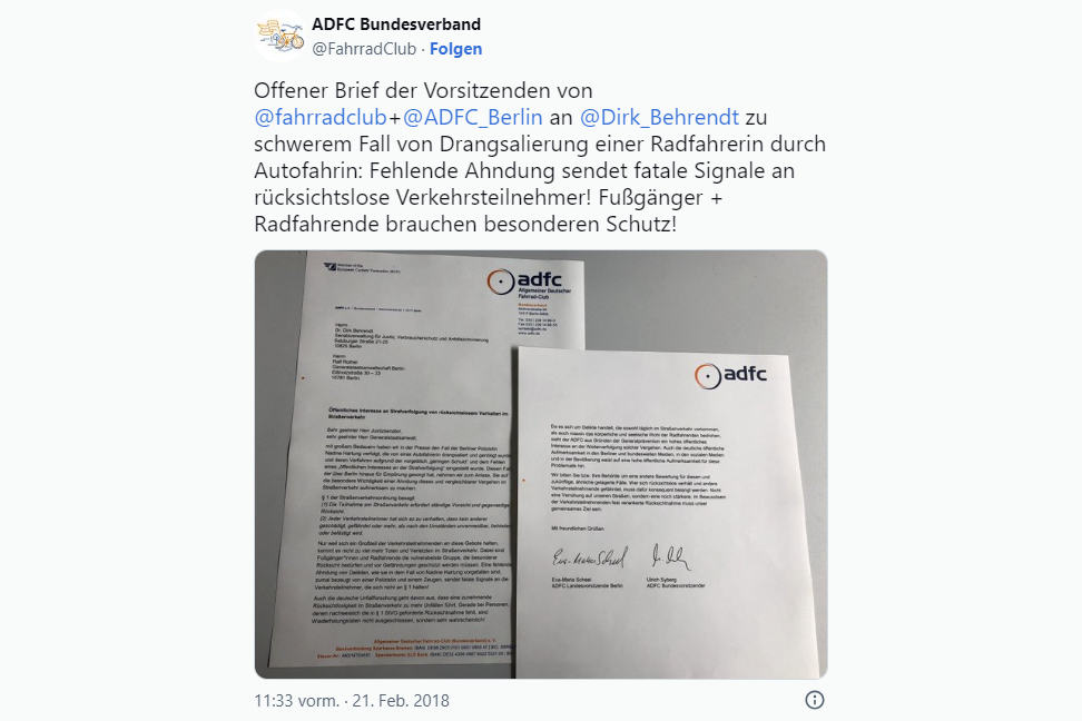 Offener Brief der Vorsitzenden von  @fahrradclub + @ADFC_Berlin  an  @Dirk_Behrendt  zu schwerem Fall von Drangsalierung einer Radfahrerin durch Autofahrin: Fehlende Ahndung sendet fatale Signale an rücksichtslose Verkehrsteilnehmer! Fußgänger + Radfahrende brauchen besonderen Schutz!