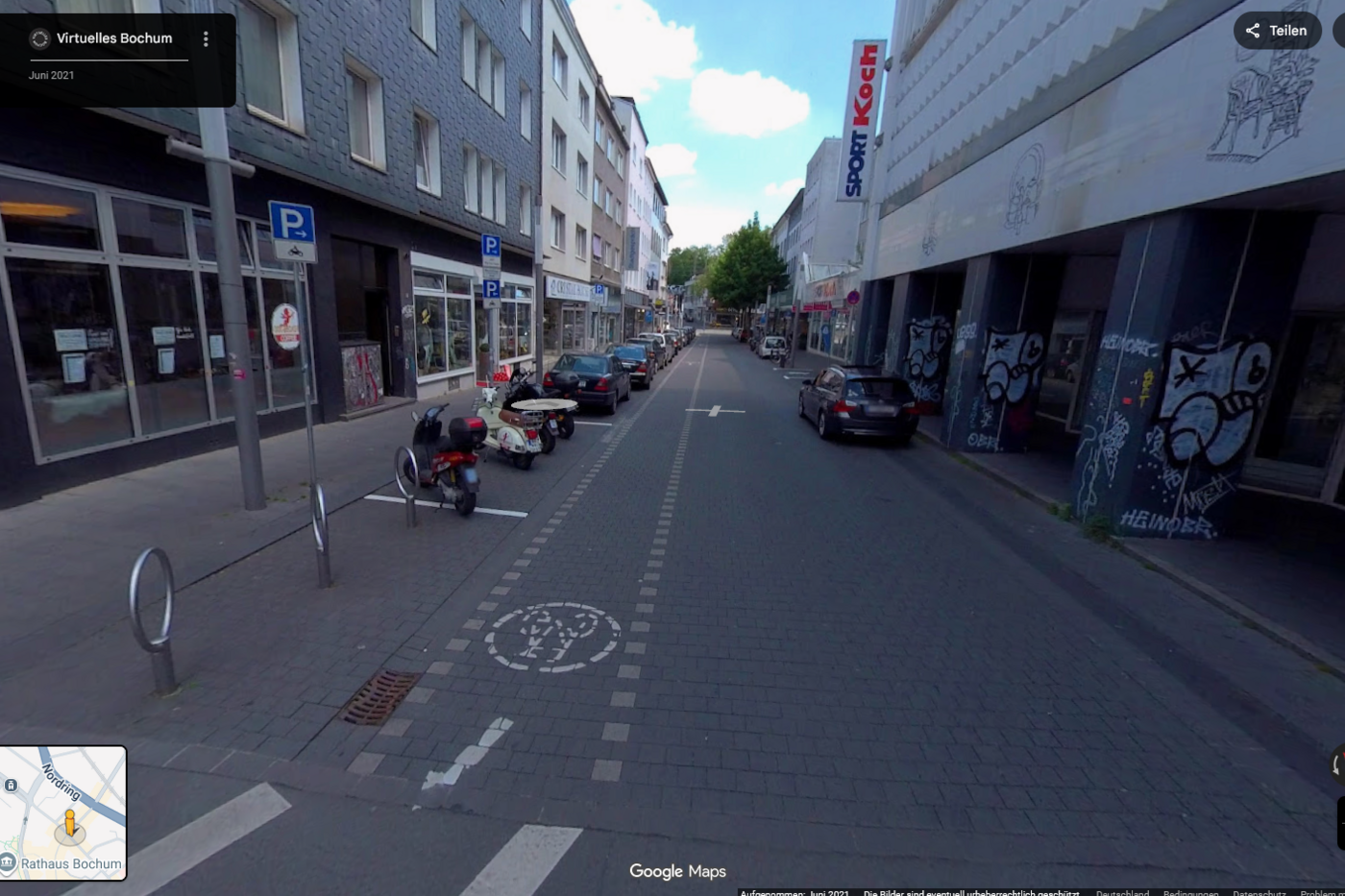 Kortumstraße Bochum Die alte Gestaltung eines Teils der Kortumstraße in Bochum ist noch in Google Street View zu sehen (Stand: August 2022).