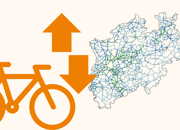 Schematische Kartendarstellung des landesweiten Radvorrangnetzes mit einem Fahrrad-Icon, einem nach oben und einem nach unten weisenden Pfeil